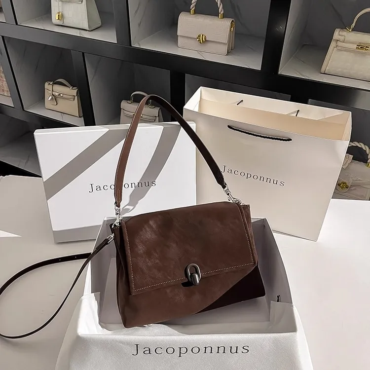 【设计师款】真皮麂皮咖啡色托特包新款高级质感轻奢小众流行斜挎包