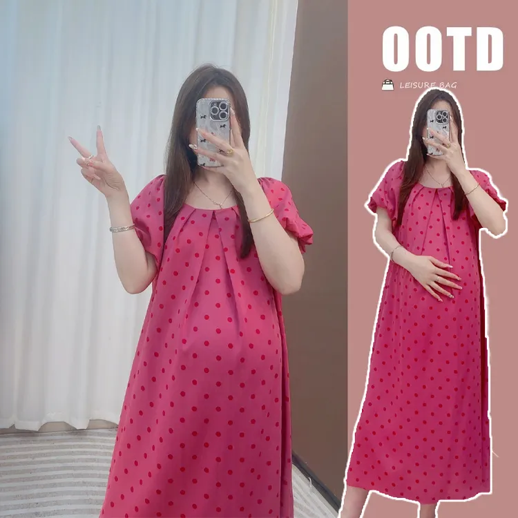 清！孕妇夏季过膝波点中长裙气质高级感复古连衣裙