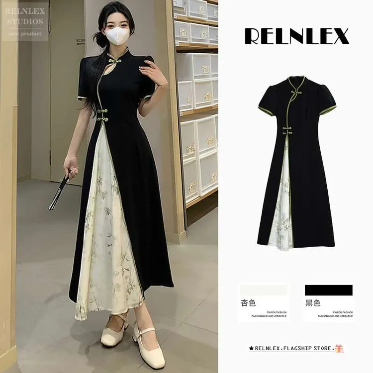 新中式国风复古连衣裙女夏季大码胖显瘦设计感拼接改良旗袍裙子