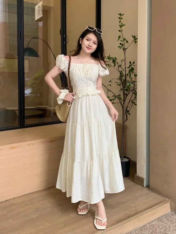 运费补贴小个子夏季新款甜美韩版复古法式浪漫波点裙收腰套装两件