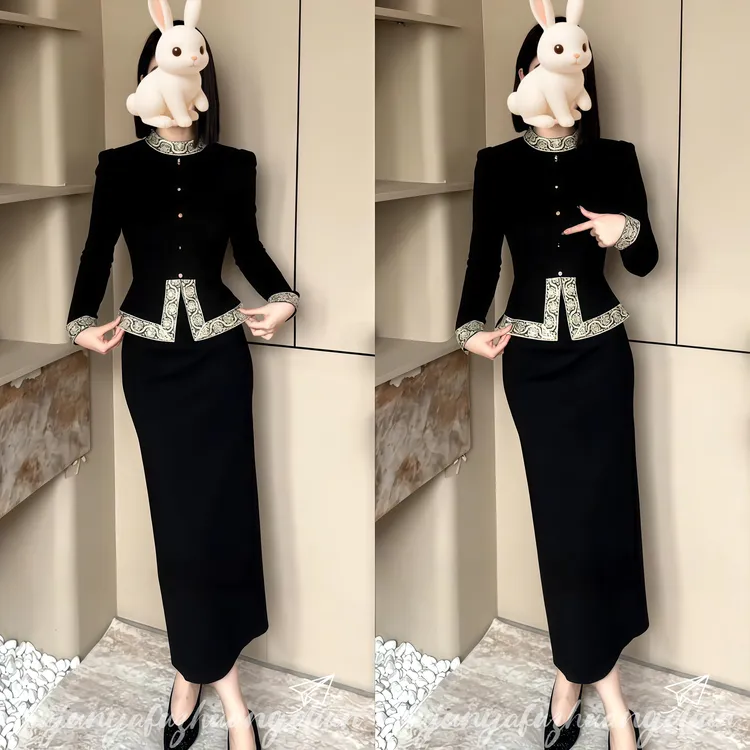 2025冬季网红新款新中式套装裙女国风复古重工提花显瘦上衣半身裙