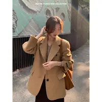 MUKOK 毛边斜纹毛呢西装外套女秋季设计感刺绣休闲宽松西装外套女