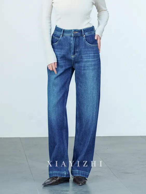 XIAYZHI【M拉鹅绒牛仔裤】冬三明治发热四面弹阔腿裤女显瘦直筒裤