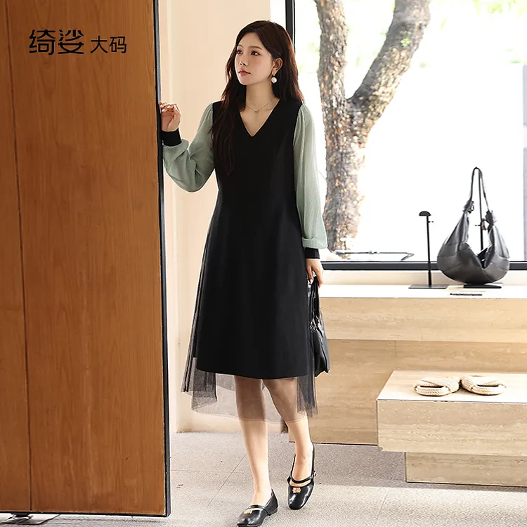 新款优雅气质轻熟风针织拼接网纱过膝盖遮肉显瘦长袖连衣裙