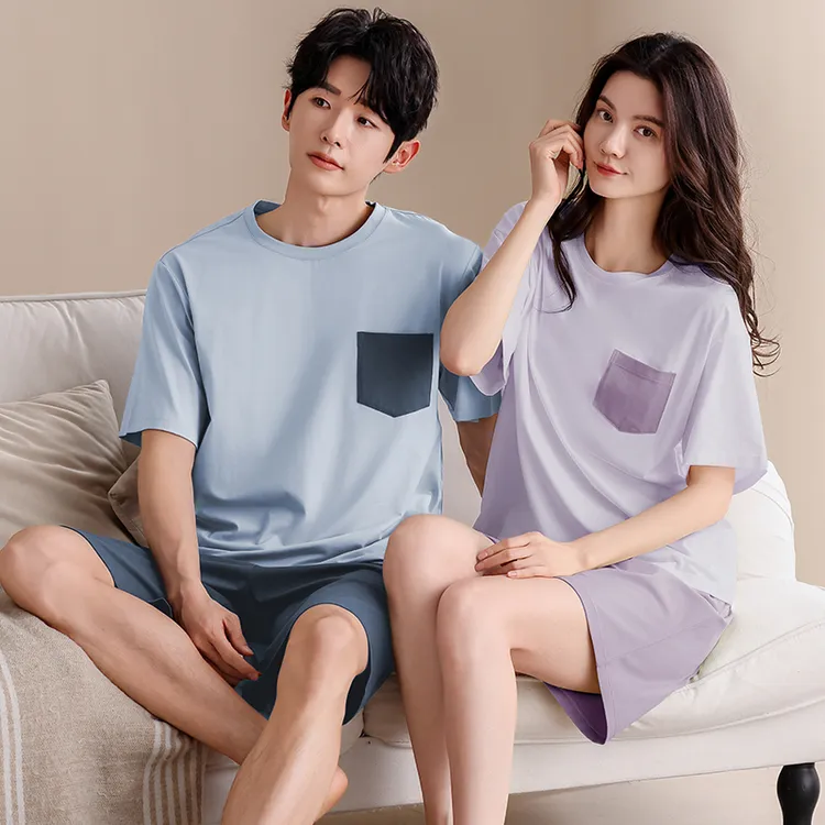 情侣睡衣夏季纯棉女带胸垫短袖短裤男全棉休闲夏天薄款家居服套装