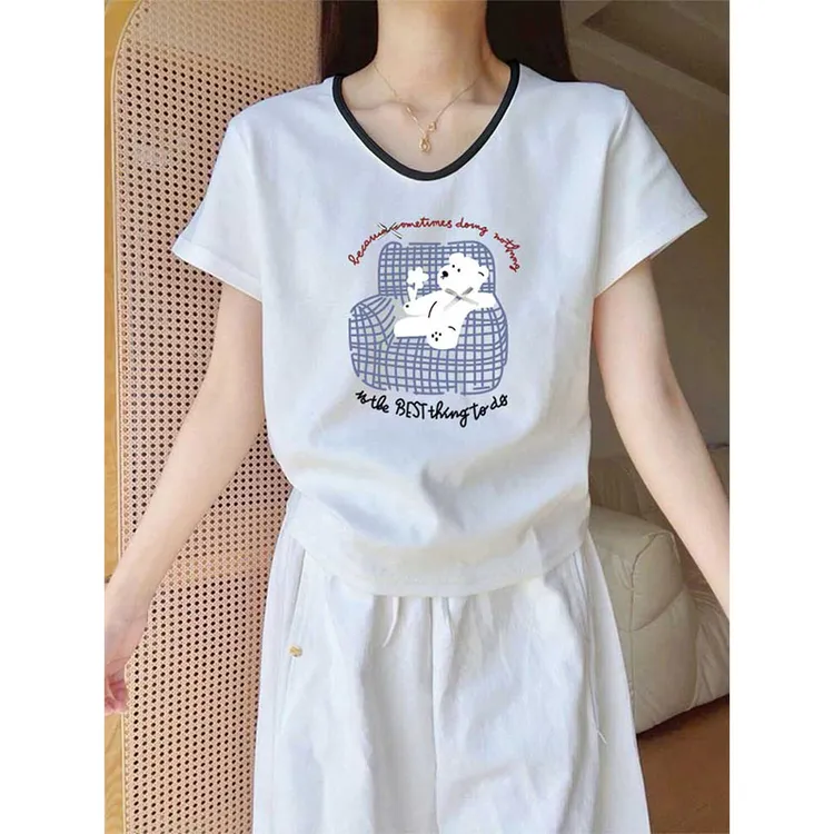 小众撞色V领正肩优质棉短袖t恤女ins时尚百搭减龄白色上衣夏季潮