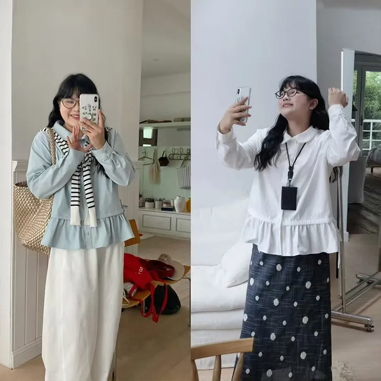 微胖MM秋冬百搭时尚风轻氧甜美荷叶边衬衫 6600