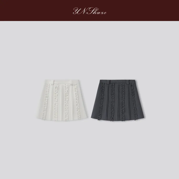 YN-SHUZE【精裁】设计感木耳边a字半身裙高腰短裙子SZ-YNC-2024921