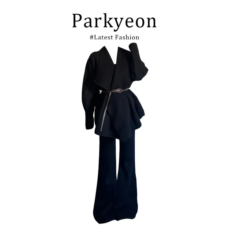 parkyeon早秋韩系慵懒风不规则翻领外套上衣女高腰显瘦微喇裤套装