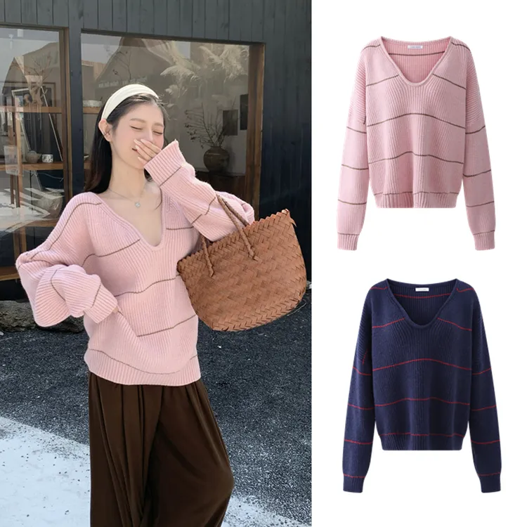 撞色条纹V领套头毛衣慵懒老钱风高级感上衣女秋季