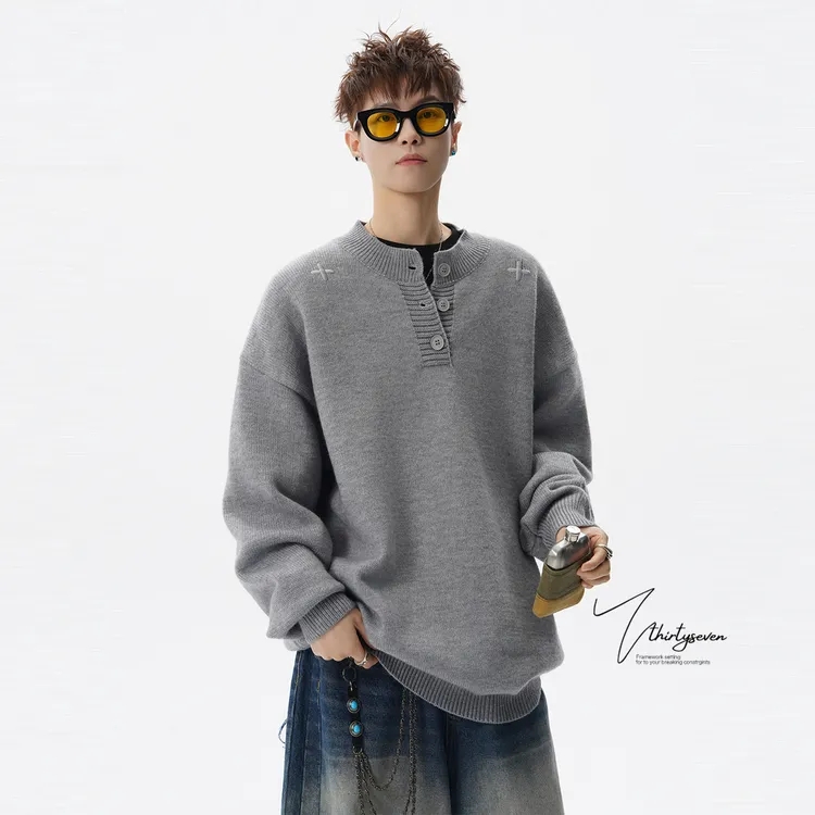 V37美式慵懒风亨利领毛衣男秋冬简约cleanfit宽松百搭情侣针织衫