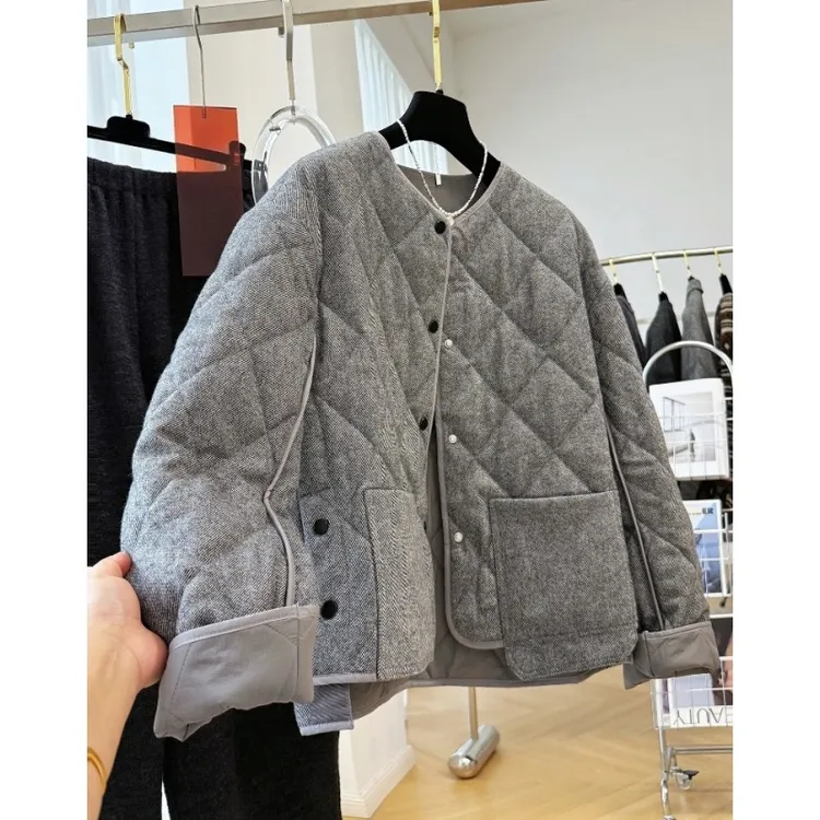 02665羊毛呢子夹棉短款外套女秋冬巨好看的韩系菱格棉服棉衣夹克