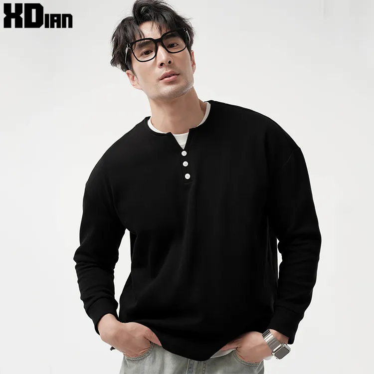 小V领「珠地空气棉」亨利领长袖t恤男士休闲亨利衫宽松秋冬季潮牌