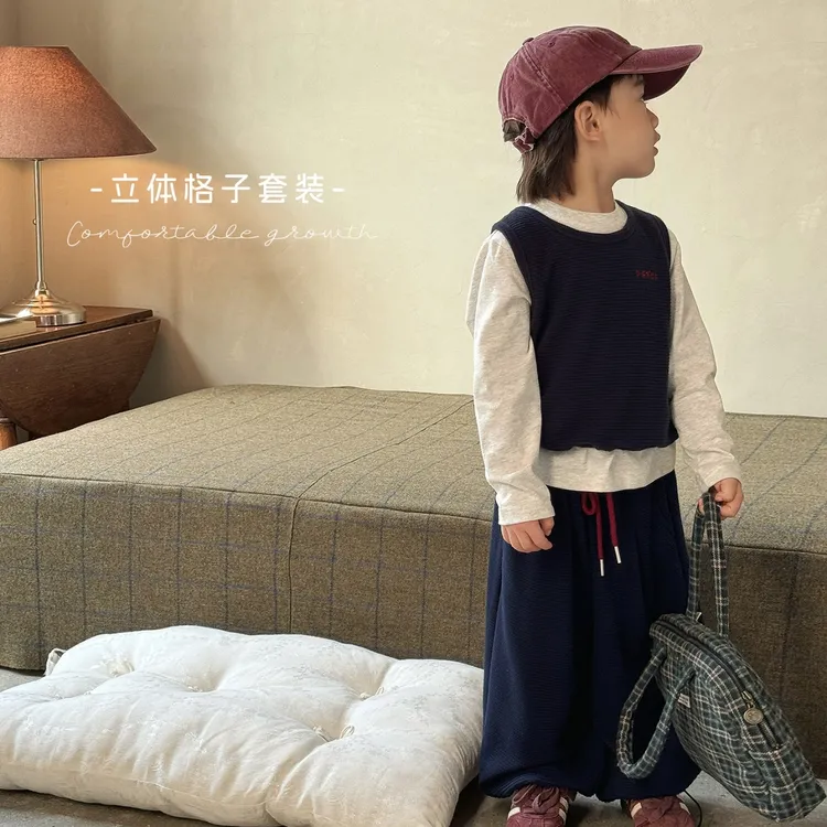 现货【大小卷】秋季新品韩版童装休闲立体格套装-83135