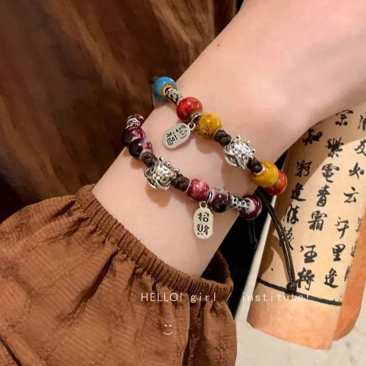 锌合金皮质手链 新中式复古串珠手链女国潮醒狮情侣学生手串