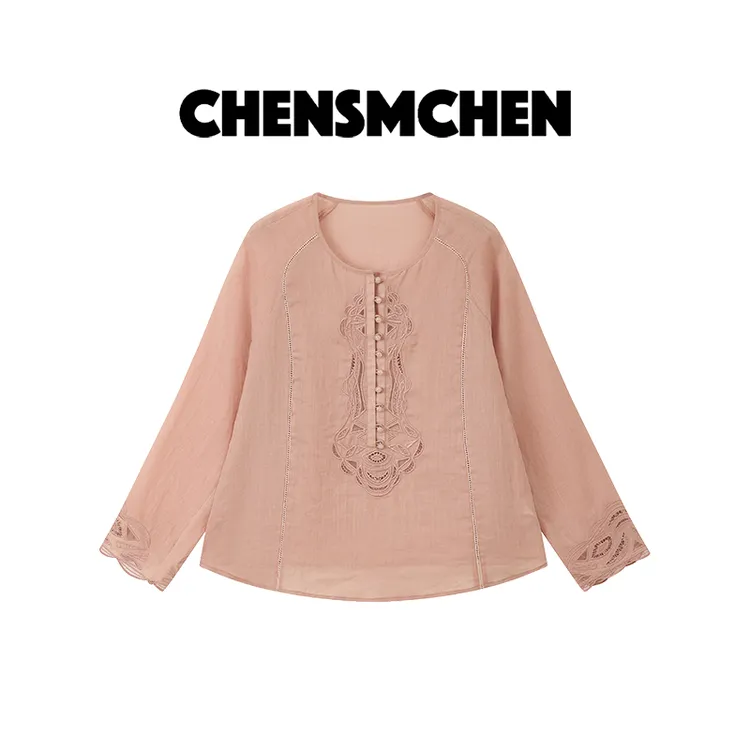 CHENSMCHEN100苎麻精致刺绣长袖衬衫女宽松显瘦气质衬衣CSC6655YW