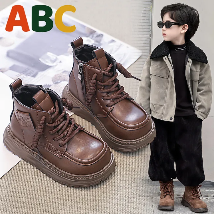 ABC女童加绒马丁靴儿童公主风二棉皮靴2025冬季百搭休闲加厚棉靴