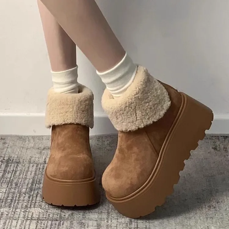 增高厚底毛毛雪地靴女冬季2024新款加绒加厚保暖松糕大头勃肯棉鞋