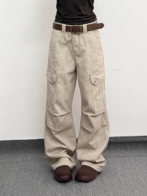万兔的One美式复古大理石花纹工装口袋直筒阔腿裤男女休闲百搭裤