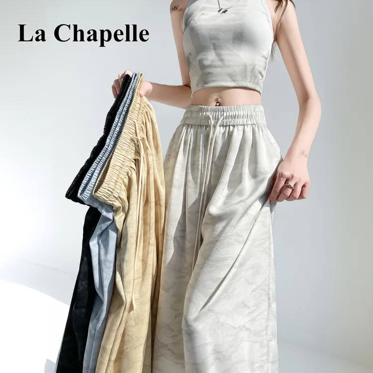 拉夏贝尔冰丝扎染时尚阔腿裤女2025夏季高腰垂感直筒拖地休闲裤