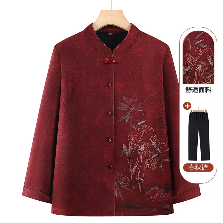 2025秋款立领盘扣长袖开衫国风时尚洋气中老年妈妈衬衫春秋厚衬衣