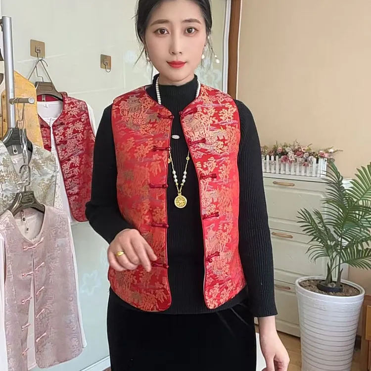 复古休闲盘扣加棉缎面马夹