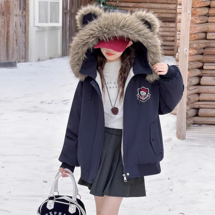 女童加绒时尚外套秋冬款2025新款中大童加厚连帽派克服冬装保暖潮