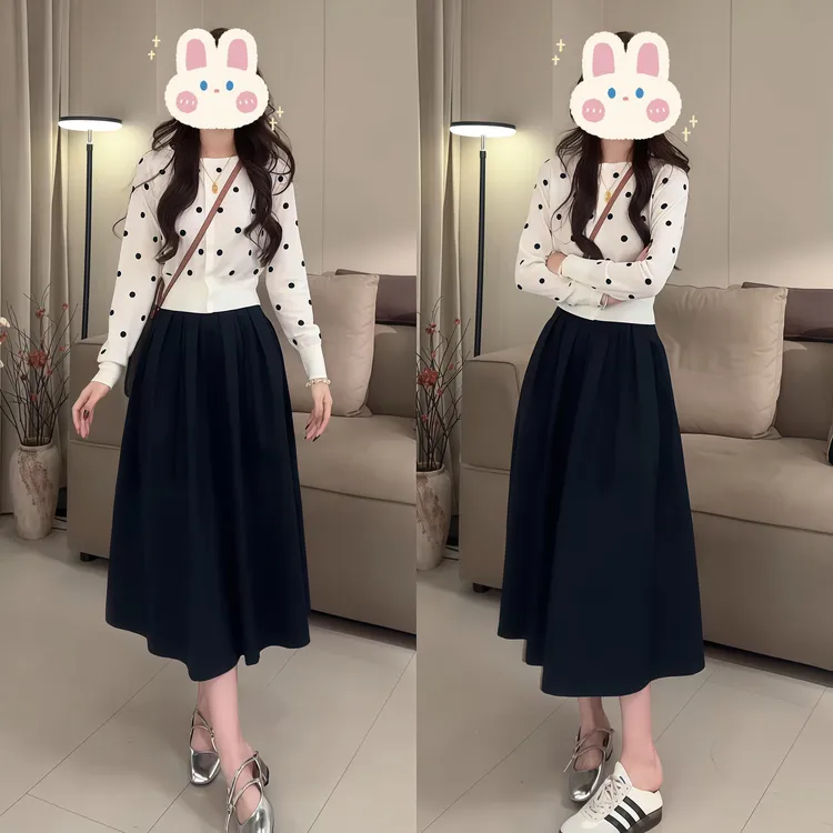 【轻奢波点】早秋新款气质提花长袖针织开衫上衣+半身裙套装BB50249