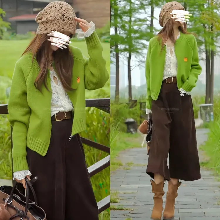 2025秋冬新款气质百搭设计感宽松长袖针织开衫高腰休闲七分裤套装