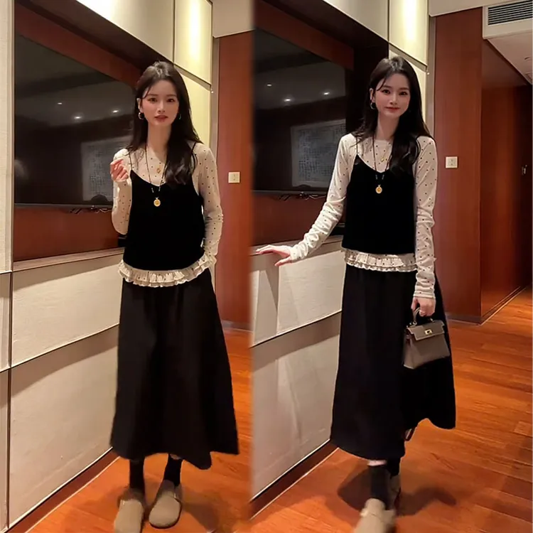 2025秋季新设计感女百搭吊带波点木耳花边长袖打底衫半身裙三件套