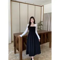【涵胖胖】胖mm大码女方领连衣裙赫本风假两件收腰小黑裙80443【B】