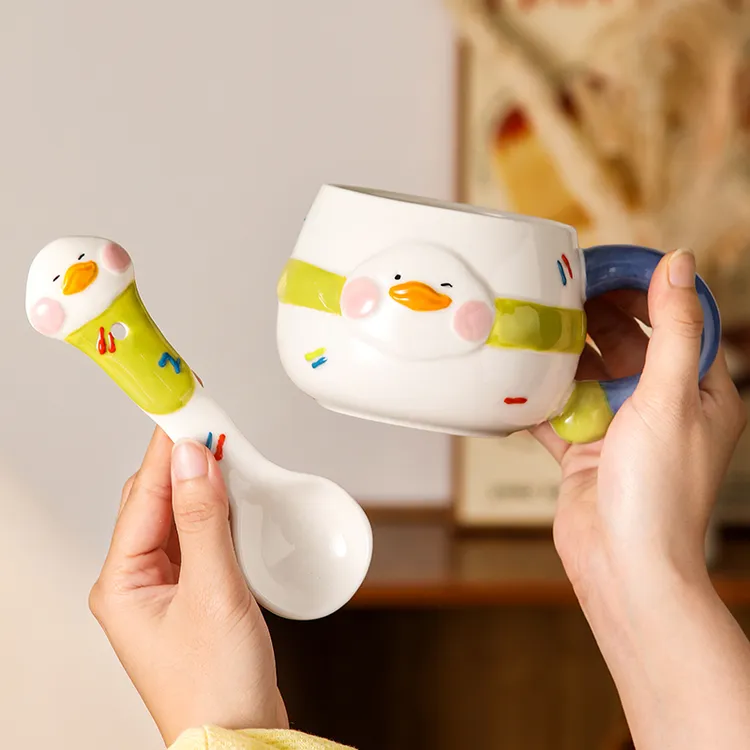 【萌绘坊】躺平鸭早餐杯家用高温釉下彩陶瓷浮雕高颜值卡通可爱