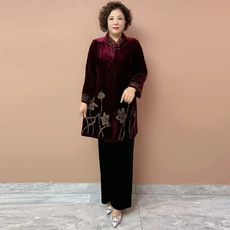 50160复古新中式中老年妈妈外套春秋装宽松大码金丝绒中长款风衣