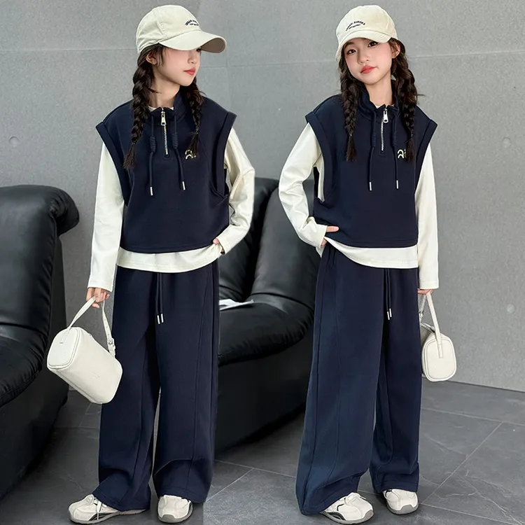 女童套装春秋2025秋季新款6-12岁潮款中大儿童时髦休闲马甲三件套