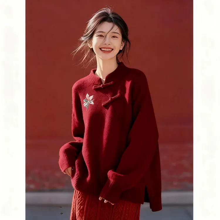 巨好看的秋冬穿搭韩系独特超好看高级感新中式国风立领盘扣毛衣女