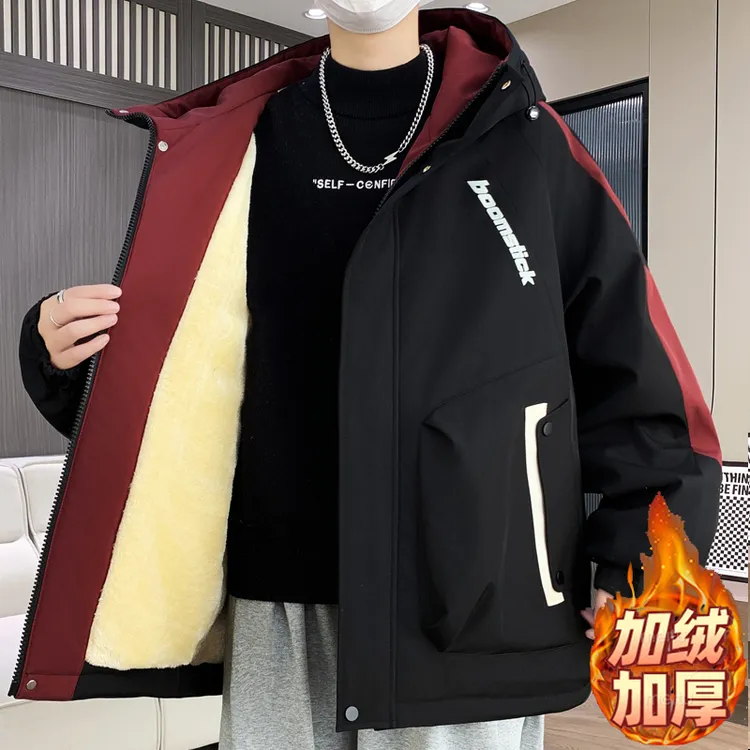 2025新款加绒加厚外套男款冬季百搭学院风青少年棉衣男装潮牌夹克