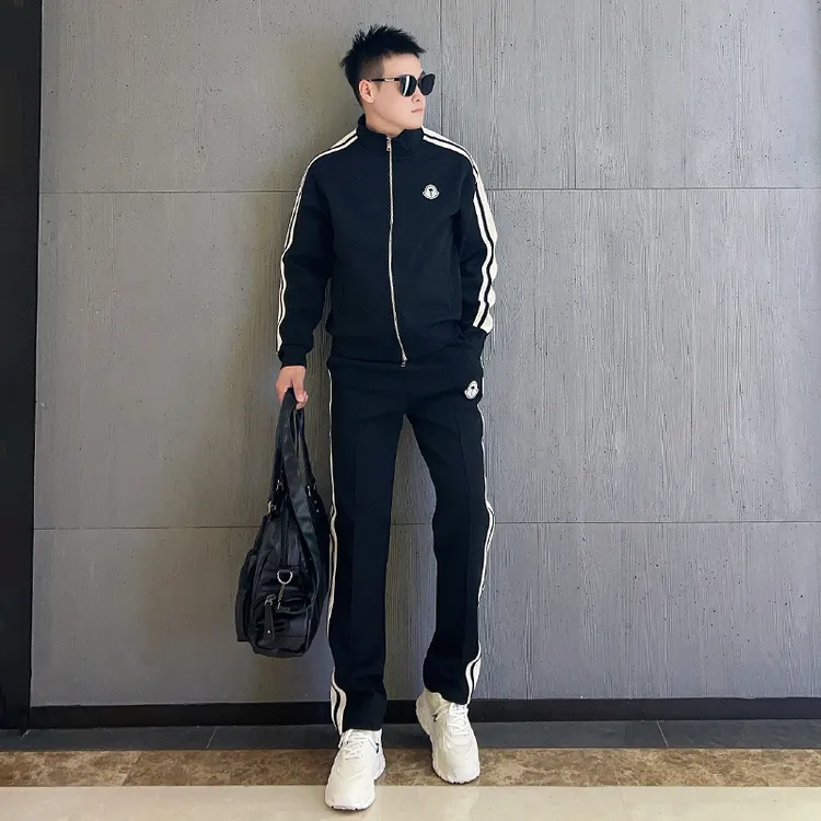 春秋新款运动休闲套装男2025潮流时尚条纹拼接开衫卫衣长裤两件套