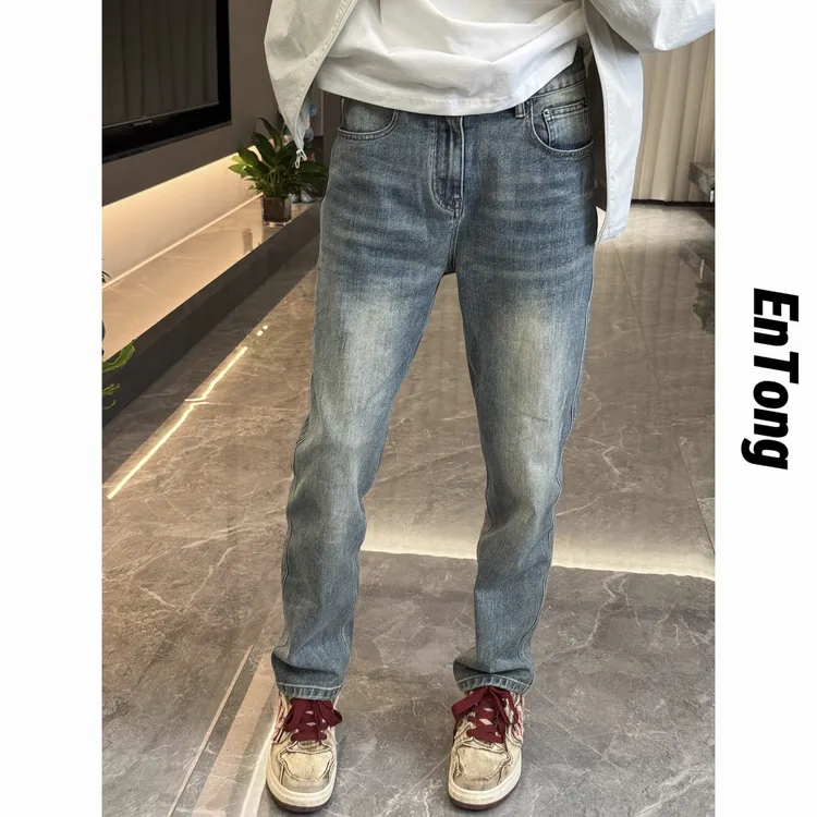 Entong秋季潮流男士复古水洗蓝牛仔裤高街美式痞帅修身小直脚裤子