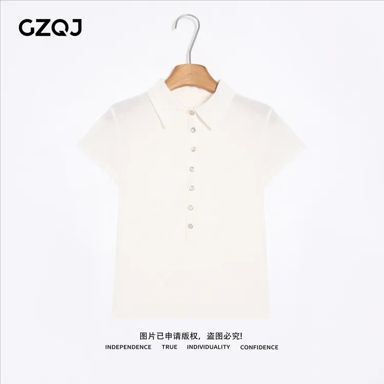 老琴私服【小金扣POLO】 欧若风休闲别致纽扣短袖针织衫女上衣18621