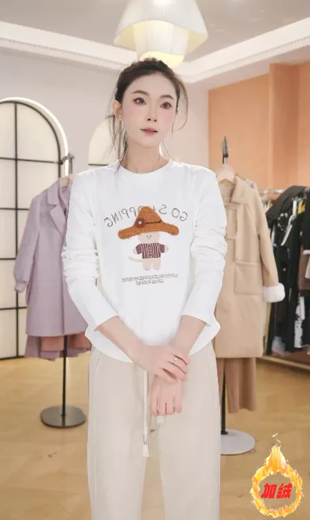 F3076【德绒】秋冬新款德绒时尚洋气卡通印花圆领长袖打底上衣