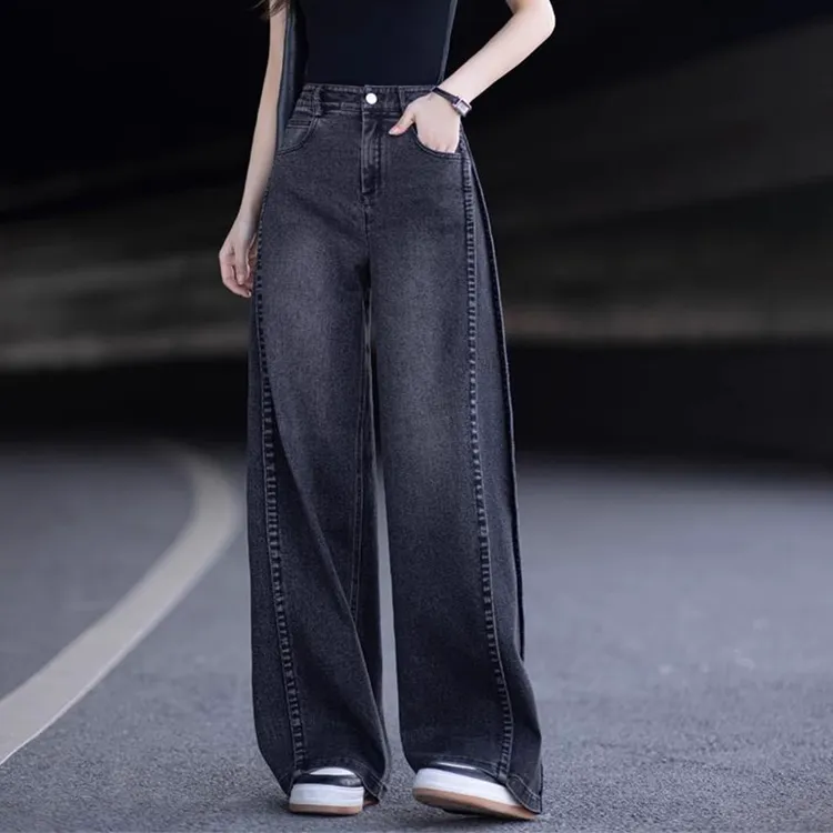 慵懒风复古阔腿牛仔裤女秋季2025新款设计感大码胖mm高腰直筒裤子