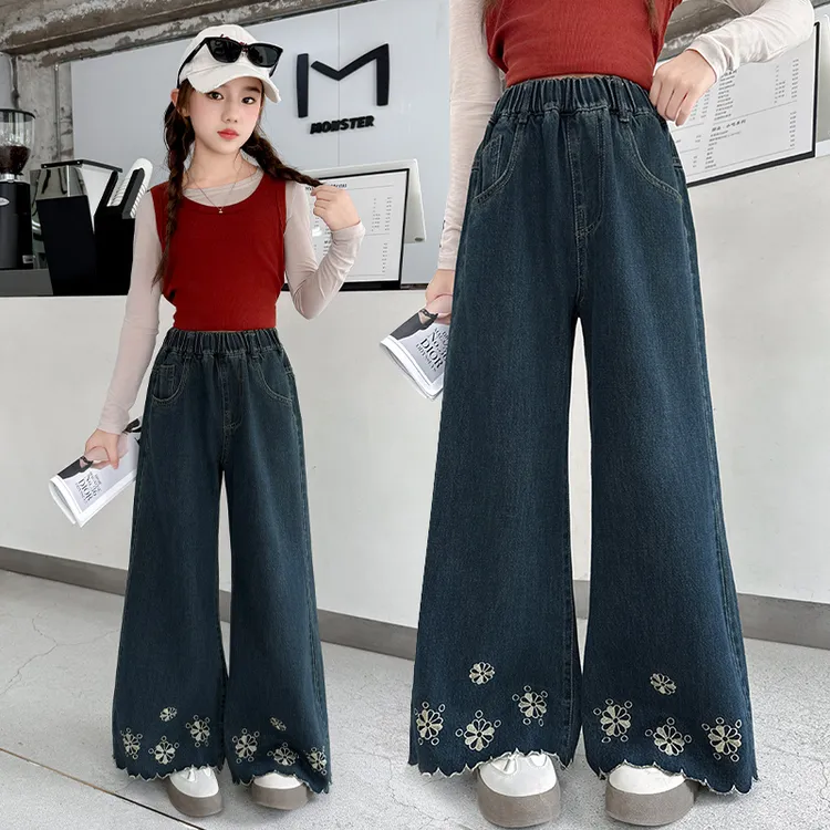女童牛仔裤春秋女大童阔腿裤小学生秋季刺绣潮酷宽松秋装儿童裤子
