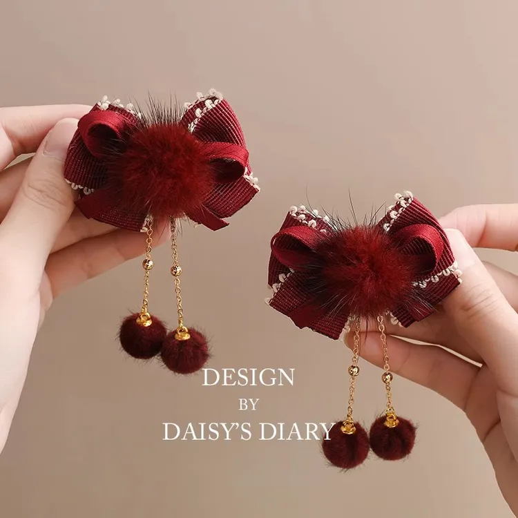 儿童流苏毛球发夹红色新年宝宝蝴蝶结头饰小女孩汉服发饰女童发卡