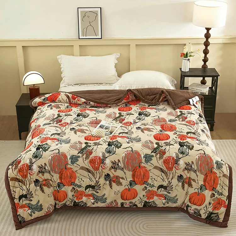 南瓜秋冬被盖毯石墨烯数码包三层发热被保暖可机洗加厚被绒毛毯