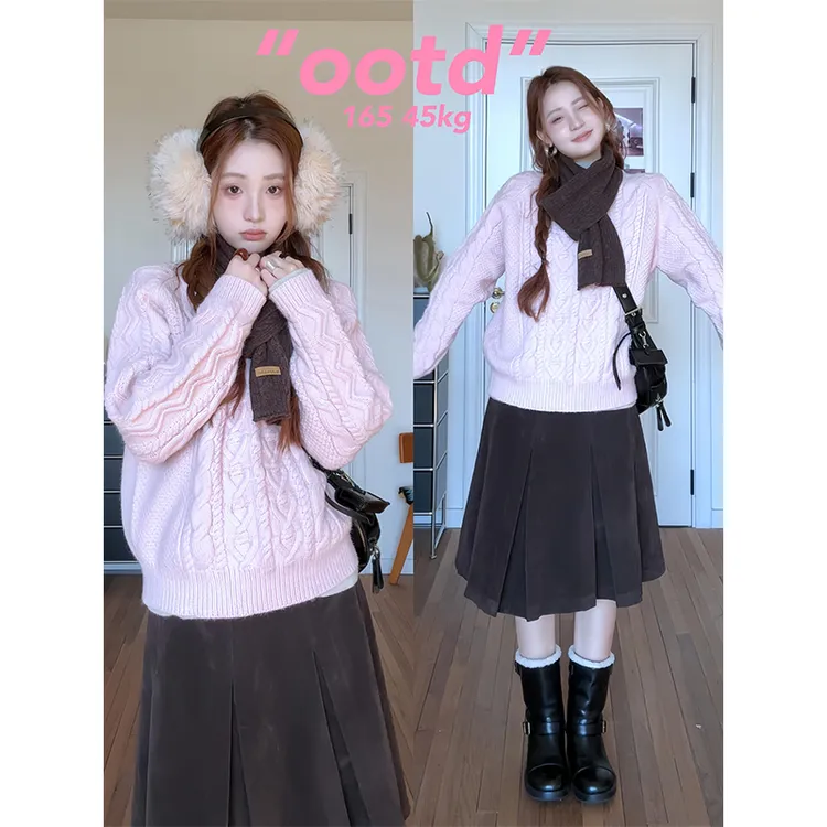 2025新款女士秋冬季韩系粉色圆领套头宽松针织上衣高腰显瘦半身裙