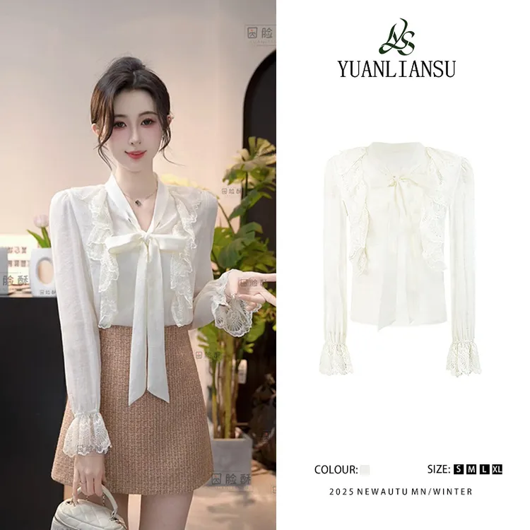YUANLIANSU/圆脸酥【氧气银河】2025早春新款气质长袖蝴蝶结衬衫女