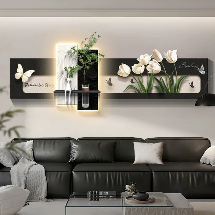 现代简约客厅装饰画水培绿植高级感壁画灯黑白蝴蝶沙发背景墙挂画