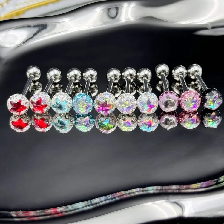 钛钢耳饰 五角星舌钉亮片包胶泥巴球穿刺穿孔小众饰品轻奢彩色