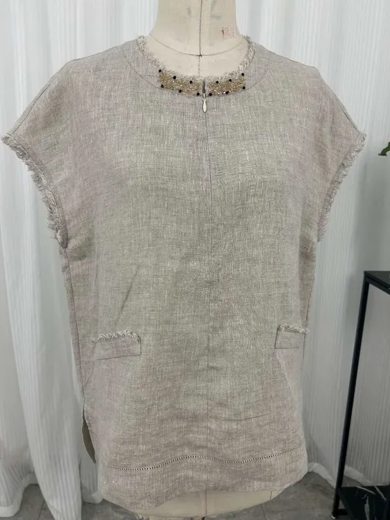 小衫飞袖夏季汉麻衬衫百搭气质麻灰色圆领白色女装上衣时尚休闲