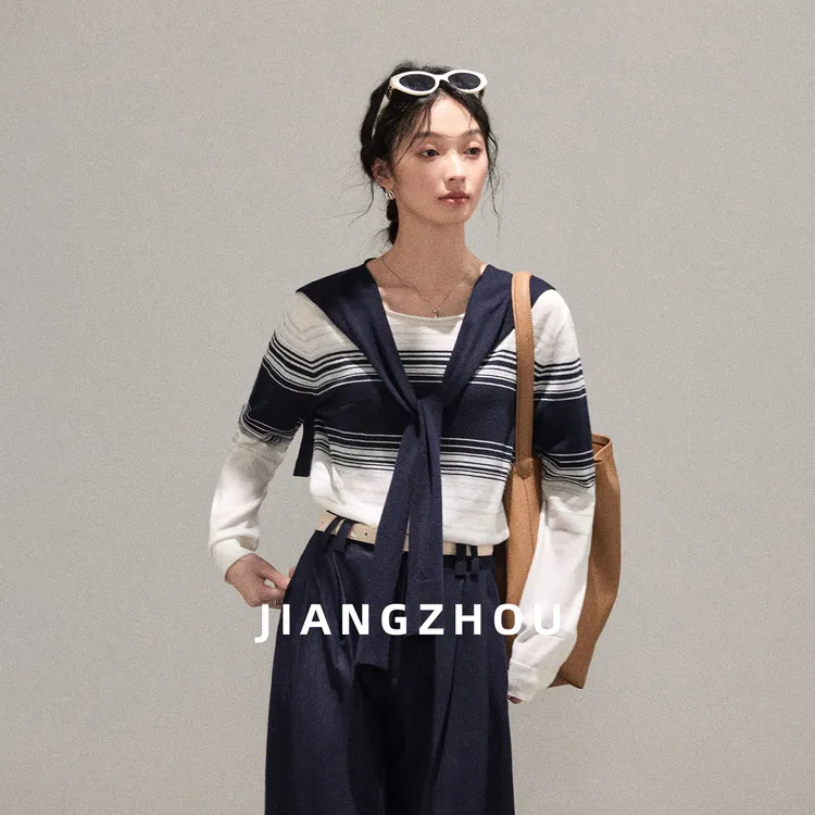 江洲【漫月】早秋新款时尚撞色条纹羊毛衫长袖气质亲肤百搭针织衫